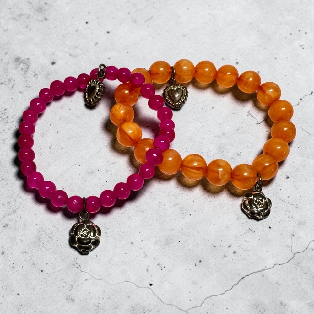 2‎ Stretch Charm Bracelets Hot Pink Orange Bead Hearts Roses Y2K Style